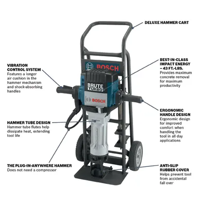 Bosch Brute Turbo hammer with DELUXE HAMMER CART; features include VIBRATION CONTROL SYSTEM, HAMMER TUBE DESIGN, and ANTI-SLIP RUBBER COVER; BEST-IN-CLASS IMPACT ENERGY - 43 FT.-LBS.; THE PLUG-IN-ANYWHERE HAMMER; ERGONOMIC HANDLE DESIGN.