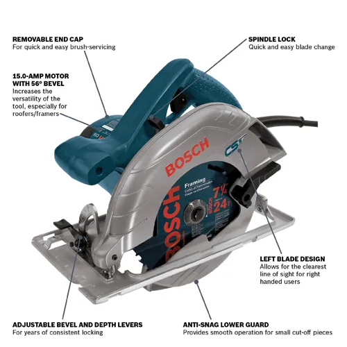 Bosch CS5 Framing 7 1/4" circular saw, with 15.0-AMP motor with 56° bevel, spindle lock, adjustable bevel and depth levers, anti-snag lower guard and left blade design.