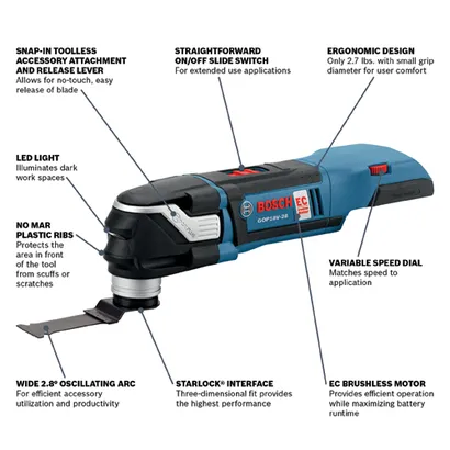 Bosch GOP18V-28 EC brushless motor oscillating multi-tool, with LED light, variable speed dial, and StarLock® interface.