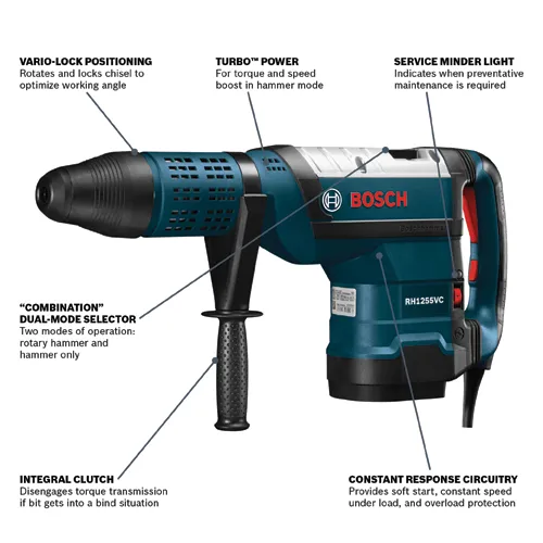 Bosch RH1255VC rotary hammer drill with VARIO-LOCK POSITIONING, TURBO™ POWER, SERVICE MINDER LIGHT, “COMBINATION” DUAL-MODE SELECTOR, INTEGRAL CLUTCH, and CONSTANT RESPONSE CIRCUITRY.