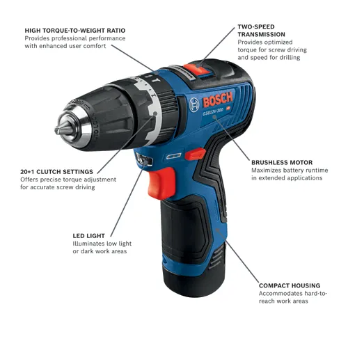 Bosch GSB12V-300 HD, with High Torque-to-Weight Ratio, 20+1 Clutch Settings, LED Light, Two-Speed Transmission, Brushless Motor and Compact Housing.