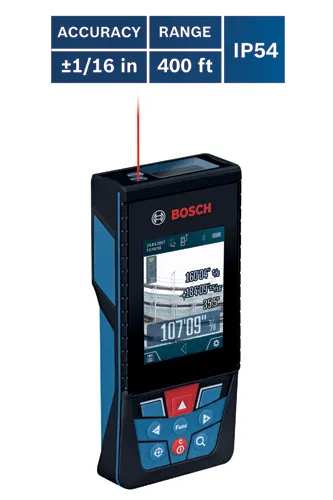 Bosch laser distance meter with ±1/16 in accuracy and 400 ft range.