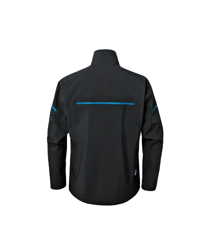 Black jacket with blue stripes and logo.