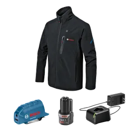 Bosch black jacket with "BOSCH" logo, blue and red accents, and three pockets, along with a blue "GAA12V-21" device with a USB port, a black 12 V 2.0 Ah Li-Ion battery and a charger.