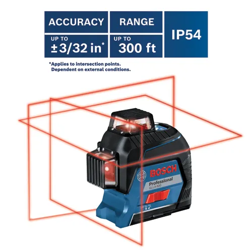 Bosch GLL3-300 laser level, with accuracy up to ±3/32 in, range up to 300 ft, IP54.