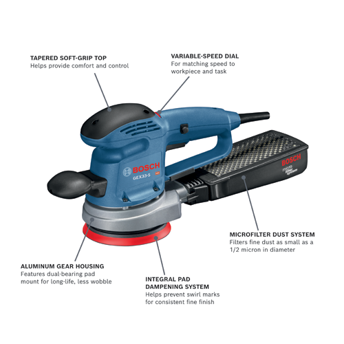 Bosch GEX33-5 HD sander with tapered soft-grip top, variable speed dial, aluminum gear housing, integral pad dampening system, and microfilter dust system.