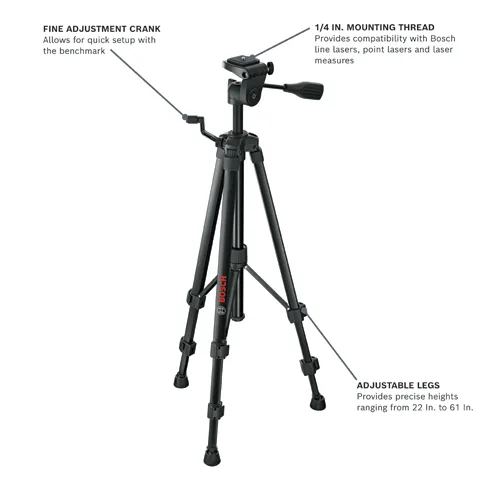 Bosch tripod with FINE ADJUSTMENT CRANK, 1/4 IN. MOUNTING THREAD, and ADJUSTABLE LEGS, ranging from 22 In. to 61 In.