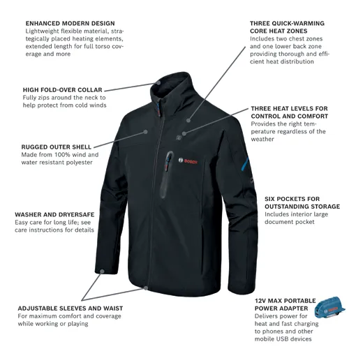 Bosch black jacket with "ENHANCED MODERN DESIGN", "THREE QUICK-WARMING CORE HEAT ZONES", "HIGH FOLD-OVER COLLAR", "RUGGED OUTER SHELL", "WASHER AND DRYERSAFE", "THREE HEAT LEVELS FOR CONTROL AND COMFORT", "SIX POCKETS FOR OUTSTANDING STORAGE", "ADJUSTABLE SLEEVES AND WAIST". Includes a 12V MAX PORTABLE POWER ADAPTER GAA12V-21.