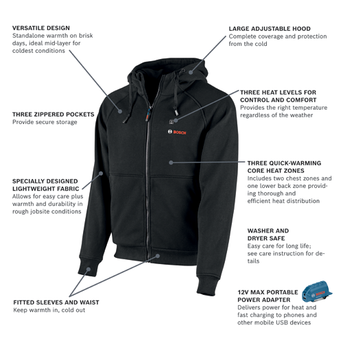 Bosch black jacket with hood, three zippered pockets, three heat levels, three quick-warming core heat zones, fitted sleeves and waist; includes 12V MAX portable power adapter.