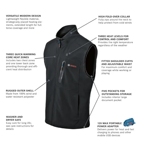 Bosch black heated vest, high fold-over collar, three heat levels, three core heat zones, fitted shoulder cuffs, adjustable waist, rugged outer shell, five pockets, and a 12V MAX Portable Power Adapter.