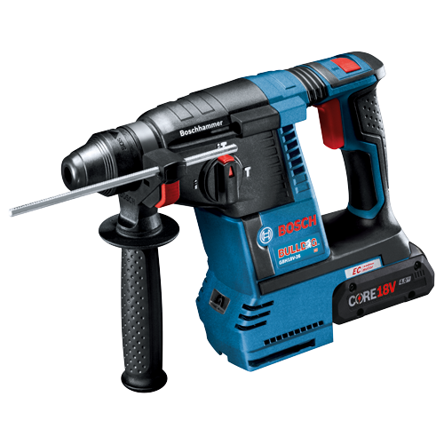 Bosch BULLDOG GBH18V-26 HD hammer drill, with "CORE 18V 4.0 Ah" battery.
