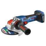 Bosch GWX18V-13C angle grinder, with BOSCH in red on the handle, and an X-LOCK grinding disc.