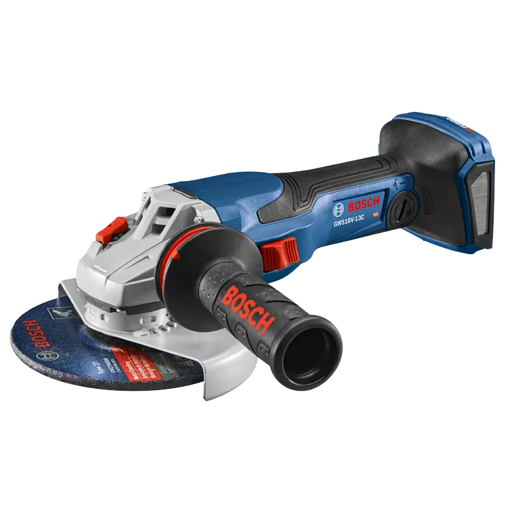 Bosch GWS18V-13C angle grinder with "BOSCH" printed on the handle. "Type 27" and model "GW27M600" visible on grinding disc.