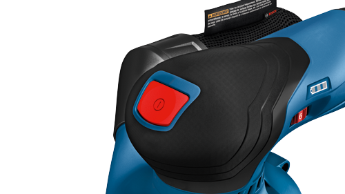 Bosch tool with black and blue body, red power button, and battery indicator.