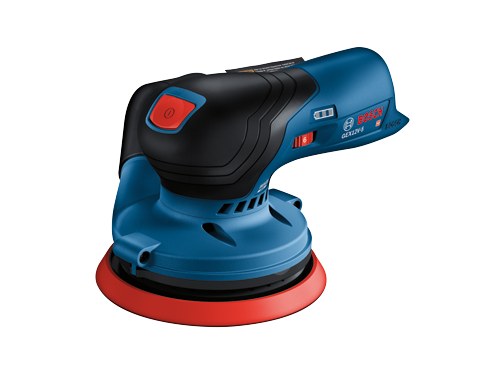Bosch GEX12V-5 sander with red switch on the side with number 6, power button on the top, blue and black color scheme.