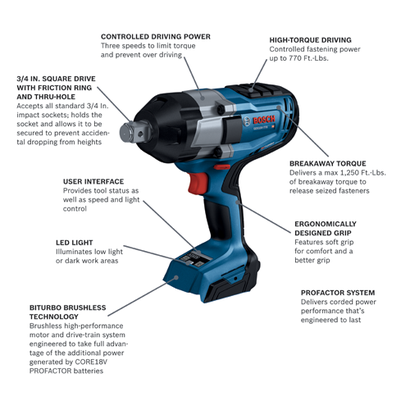 Bosch GDS18V-770 HD impact wrench, featuring a 3/4 in. square drive, BITURBO BRUSHLESS TECHNOLOGY, LED light, and user interface.