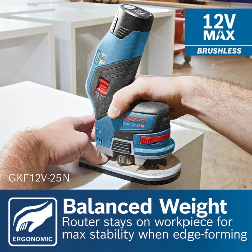 Bosch GKF12V-25 HD router, with "12V MAX BRUSHLESS", and "Balanced Weight" text.