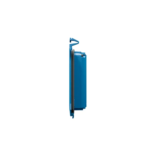 Blue rectangular object with black trim and a blue hook.