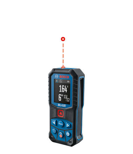 Bosch laser distance meter with accuracy ±1/16 in, range 165 ft, IP65 rated, displaying a measurement of 164' 6" 13/32.