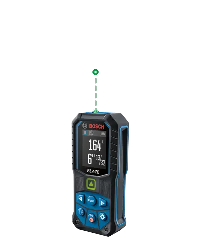 Bosch laser measure, with Accuracy ±1/16 in, Range 165 ft, and IP65 rating. The display shows 164' 6" 13/32.
