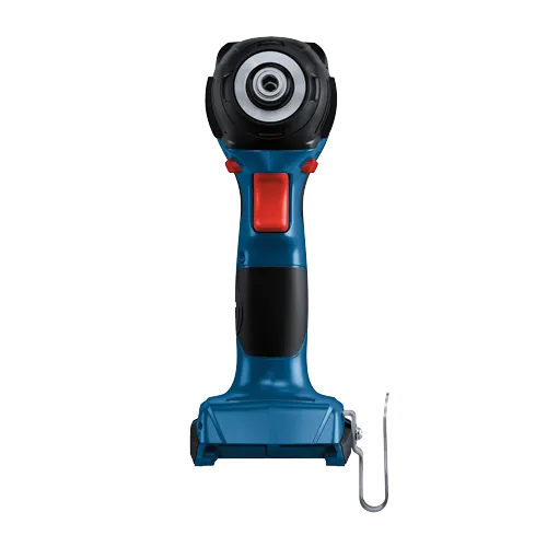 Bosch cordless drill, blue and black with red accents, metal hook attached.