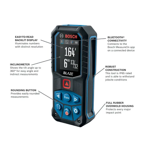 Bosch BLAZE laser measure displaying 164', 6" 13/32 on backlit display, includes inclinometer, rounding button, Bluetooth connectivity, and is IP65 rated.