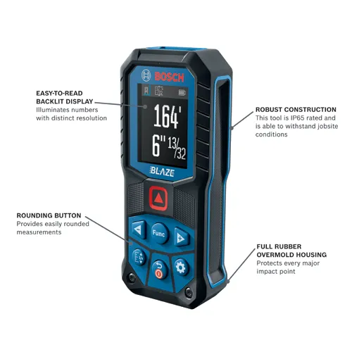 Bosch BLAZE laser distance measurer, with 164' 6" 13/32" display, robust construction, full rubber overmold housing, easy-to-read backlit display and rounding button.
