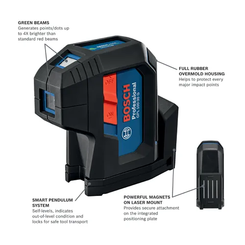Bosch GPL 100-30 G laser level with green beams, full rubber overmold housing, smart pendulum system, and powerful magnets on laser mount.