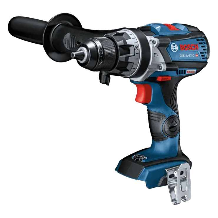 Bosch GSB18V-975C HD cordless drill with a side handle and model name GSB18V-975C HD.