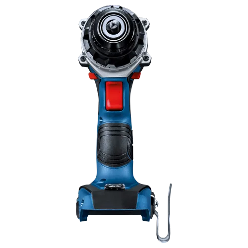 Bosch blue and black power drill with a red button and silver metal hook.