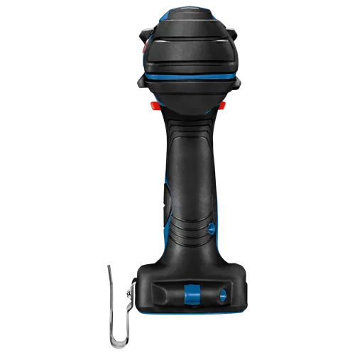 Black and blue power drill with a metal hook attached.