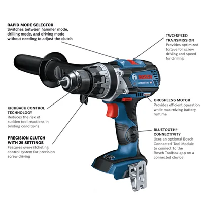 Bosch GSB18V-975C HD drill with Rapid Mode Selector, Two-Speed Transmission, Kickback Control Technology, Precision Clutch with 25 Settings, Brushless Motor, and Bluetooth Connectivity.