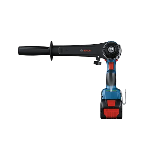 Bosch tool with handle, and battery; red, blue, black and silver.