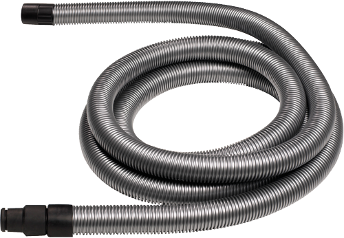 A coiled flexible silver hose with black connectors.