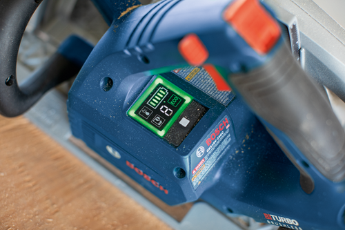 Bosch GKS18V-25GC Biturbo Brushless circular saw, with battery indicator and "ECO" label.