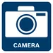 Square blue sign with white camera icon and the word CAMERA.