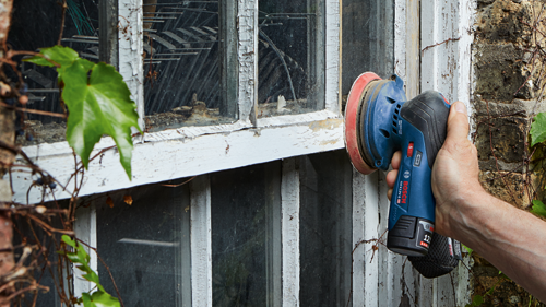 Bosch GEX12V-5 HD sander, held by a person over an old window, with leaves and vines nearby.