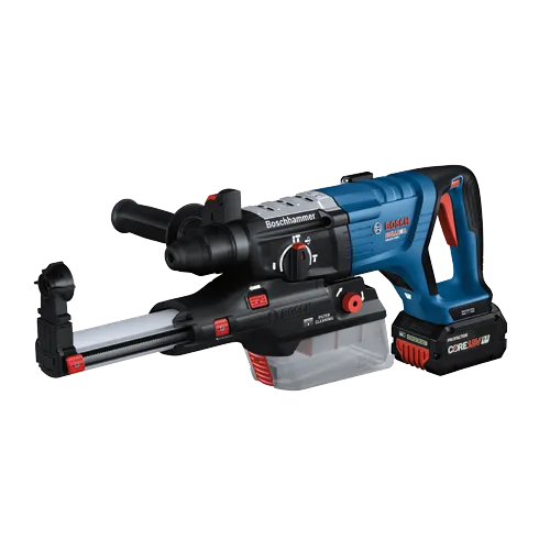 Bosch GBH18V-28DC, with Boschhammer, FILTER CLEANING, and PROFACTOR CORE 18V battery. GBH18V-28DC Sold Separately.