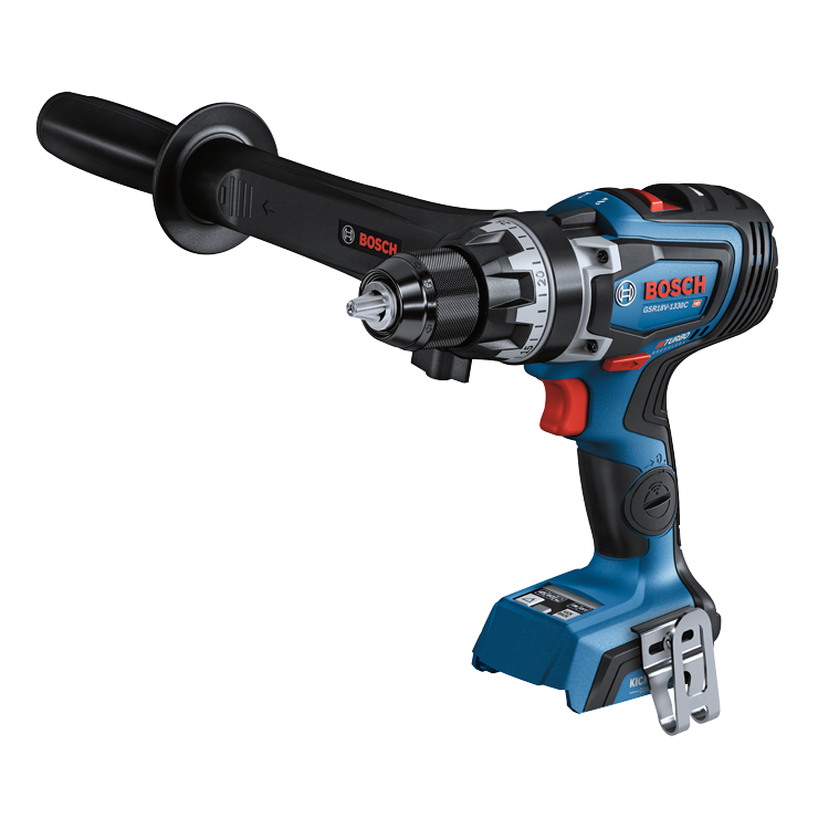 Bosch GSR18V-1330C HD Turbo brushless drill with a black handle attached.