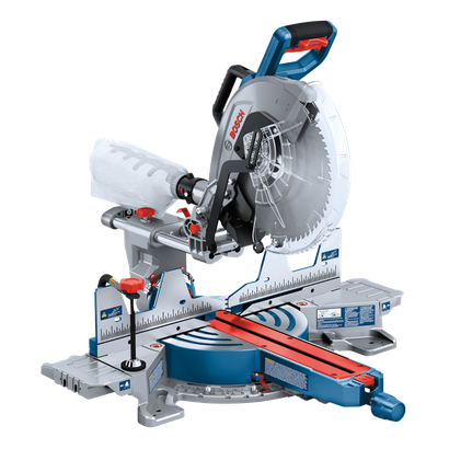 Bosch miter saw with blade, red and blue accents, "BOSCH" text visible.