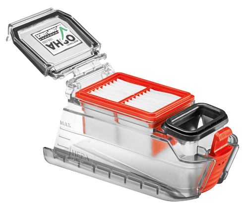 Clear plastic container with HEPA filter, orange and black accents, and visible text "OSHA Compliance 1926.1153."