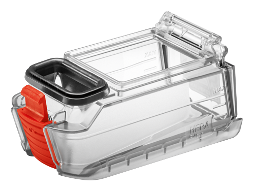 Clear plastic container with MAX and XAM markings, an orange clasp, a black rim, and HEPA filter text.