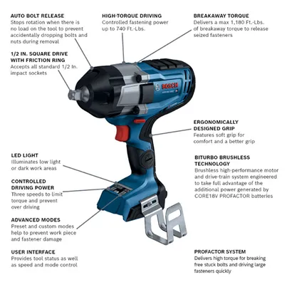 Bosch GD51RV-740C impact wrench with "AUTO BOLT RELEASE", "1/2 IN. SQUARE DRIVE WITH FRICTION RING", "HIGH-TORQUE DRIVING" up to 740 Ft.-Lbs., "BREAKAWAY TORQUE" max 1,180 Ft.-Lbs, "ERGONOMICALLY DESIGNED GRIP", "LED LIGHT", "CONTROLLED DRIVING POWER", "ADVANCED MODES", "USER INTERFACE", "BITURBO BRUSHLESS TECHNOLOGY", and "PROFACTOR SYSTEM".