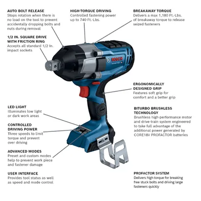 Bosch GDS18V-770C impact wrench with Auto Bolt Release, 1/2 In. Square Drive With Friction Ring, High-Torque Driving up to 740 Ft.-Lbs, Breakaway Torque of max 1,180 Ft.-Lbs, LED Light, Controlled Driving Power, Advanced Modes, User Interface, BiTurbo Brushless Technology, and ProFactor System.