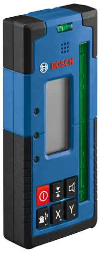 Bosch blue and black measuring tool with "BOSCH" logo and icons including a power button, speaker, and X/Y axes