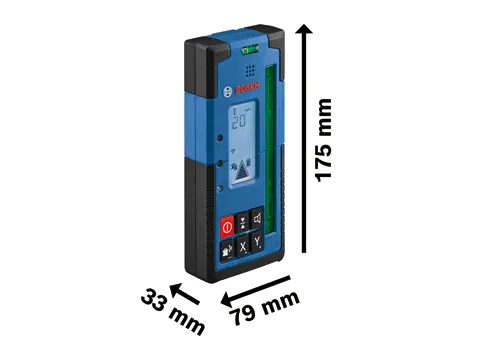 Bosch laser level, 175 mm x 79 mm x 33 mm, with a display that reads "2.0 mm".