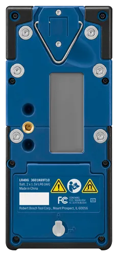 LR40G 3601K69T10, Batt. 2 x 1.5V LR6 (AA), Made in China, with warnings and Robert Bosch Tool Corp. address.
