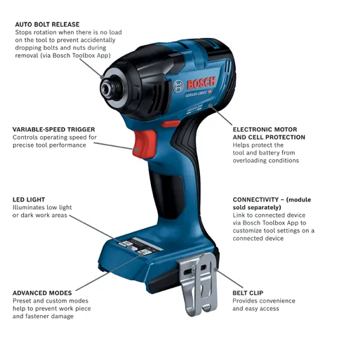 Bosch GDR18V-1860C HD impact driver with auto bolt release, variable-speed trigger, electronic motor and cell protection, LED light, advanced modes, belt clip, and connectivity (module sold separately).
