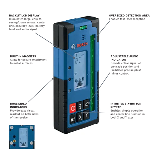 Bosch receiver with backlit LCD display, built-in magnets, dual-sided indicators, adjustable audio indicator, oversized detection area, and intuitive six-button keypad.