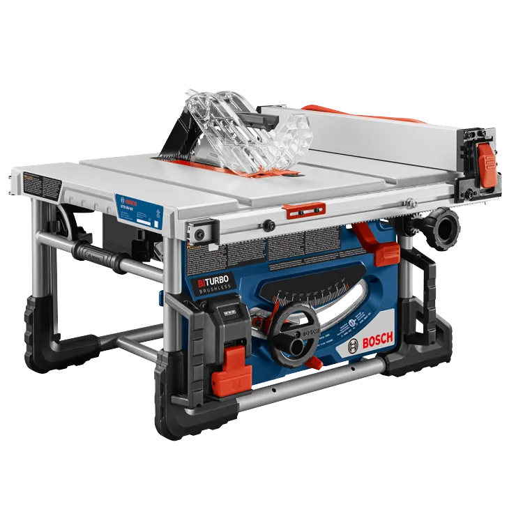 Bosch GTS18V-08 Biturbo brushless table saw, with blade, orange and red accents.